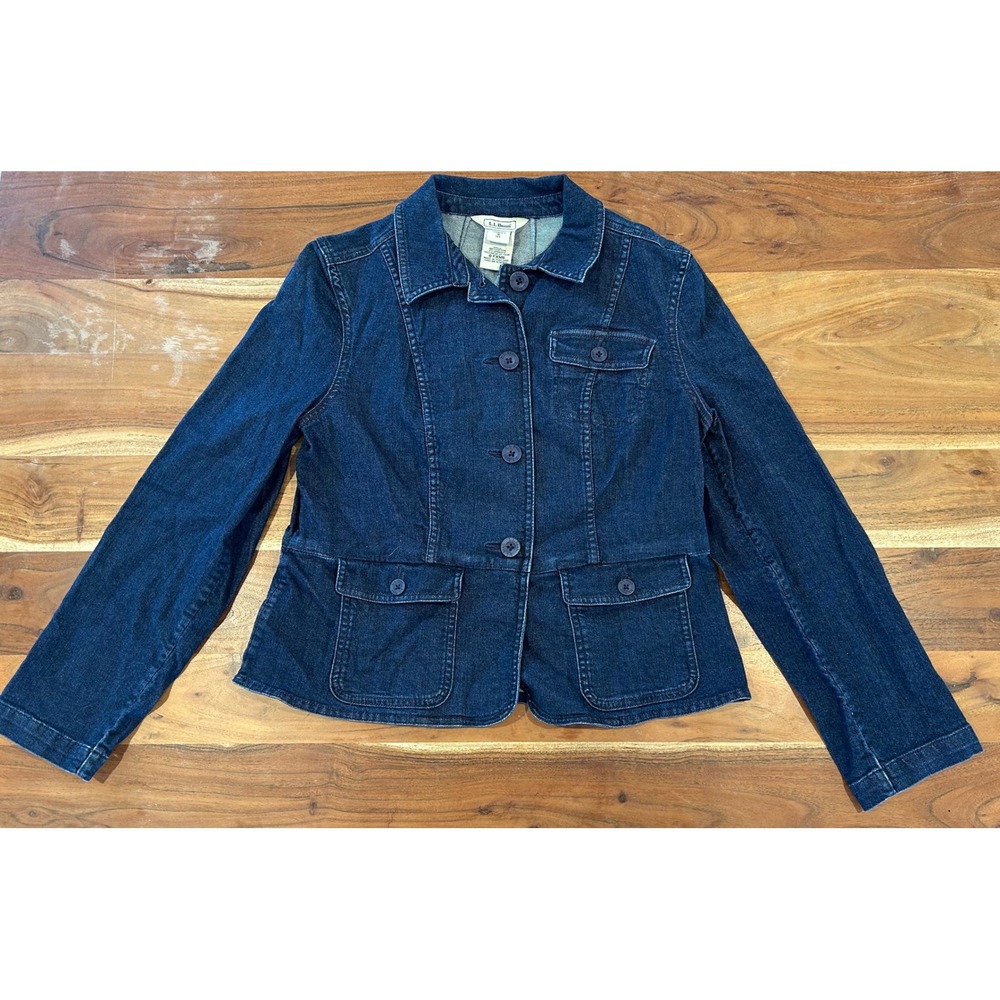 LL Bean Womens Denim Jacket Small Petite Dark Wash Button Front Blue FXM6